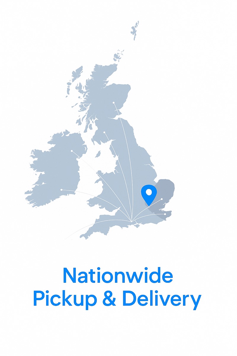 Map of the United Kingdom showing MMI Services' free nationwide courier coverage from our Suffolk repair facility